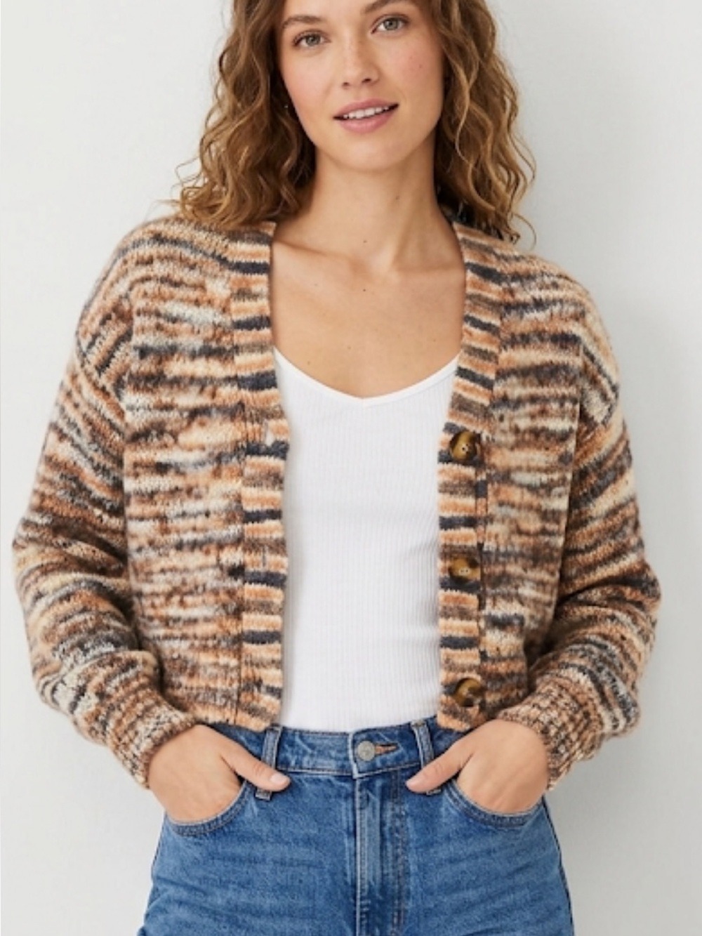 LOFT Space Dyed Striped Cropped Cardigan small